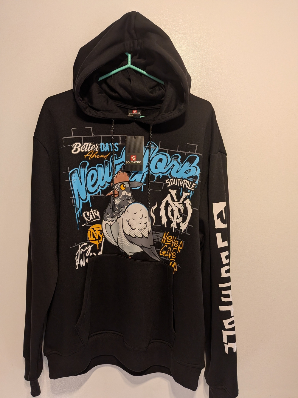 South Pole Men’s Black Hoodie with Blue & White Pigeon Graphic